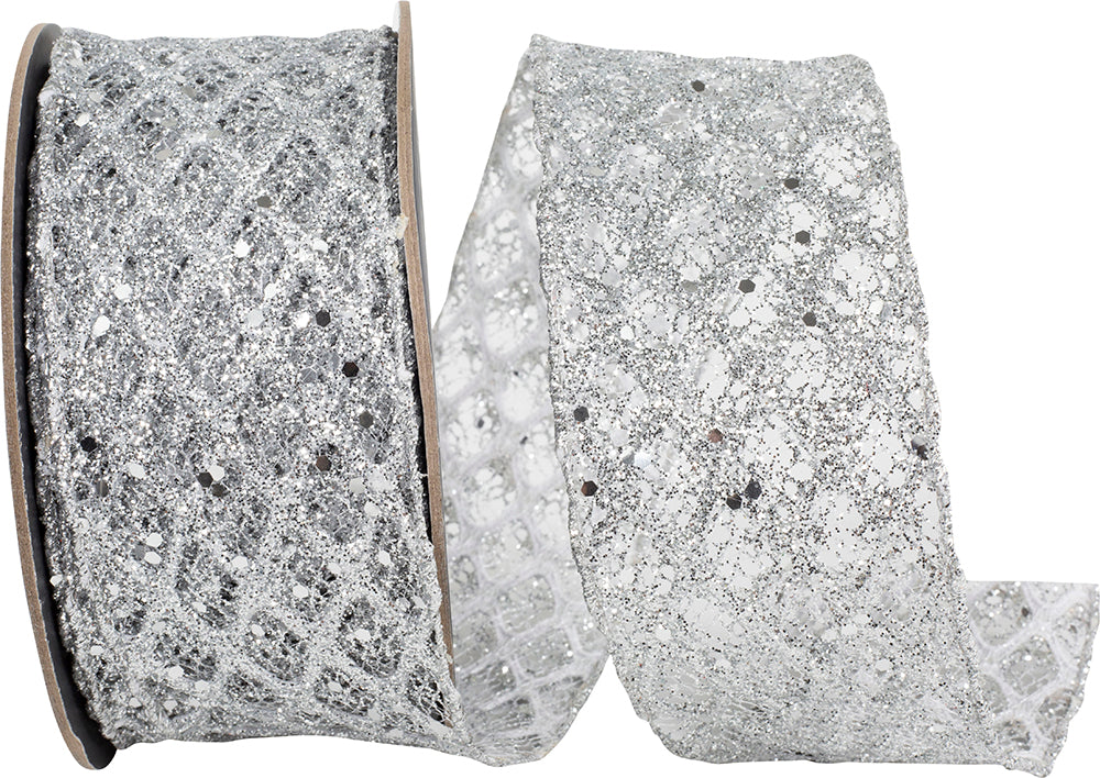 Silver Glitter Sequin Diamond Net Wired Edge Ribbon 2-1/2 Inch