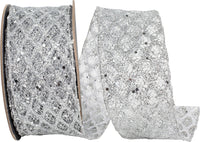 Silver Glitter Sequin Diamond Net Wired Edge Ribbon 2-1/2 Inch