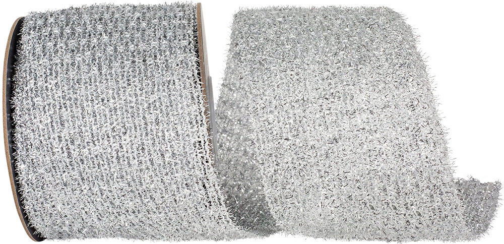 Silver Glitter Metallic Wired Edge Ribbon 4 Inch 10 Yards