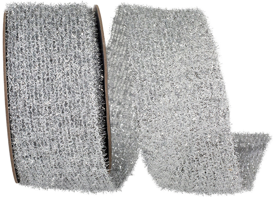 Silver Glitter Metallic Wired Edge Ribbon 2-1/2 Inch