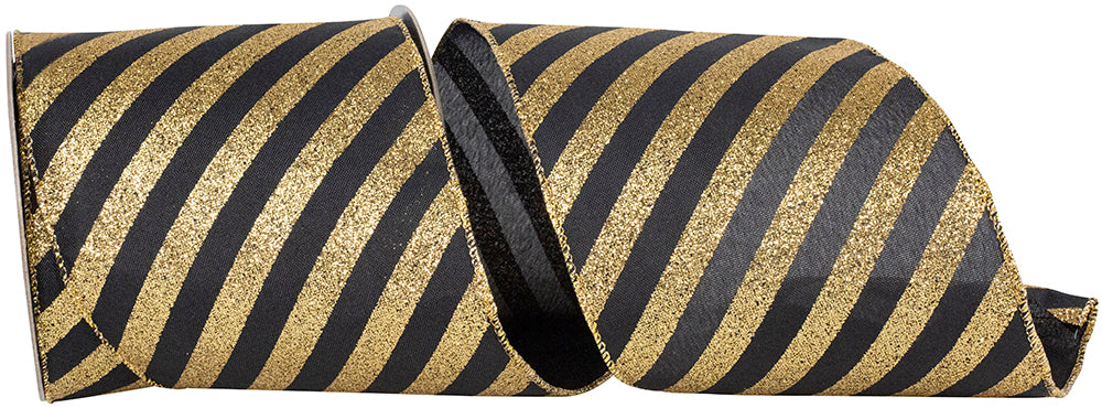 Glitter Bling Wired Edge Ribbon Black Gold 4 Inch for Bows