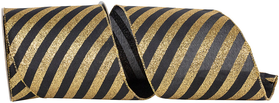 Glitter Bling Wired Edge Ribbon Black Gold 4 Inch for Bows