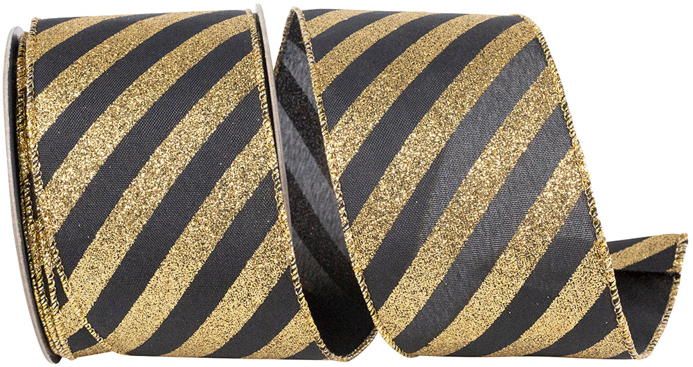 Black Gold Glitter Bling Wired Edge Ribbon 2-1/2 Inch