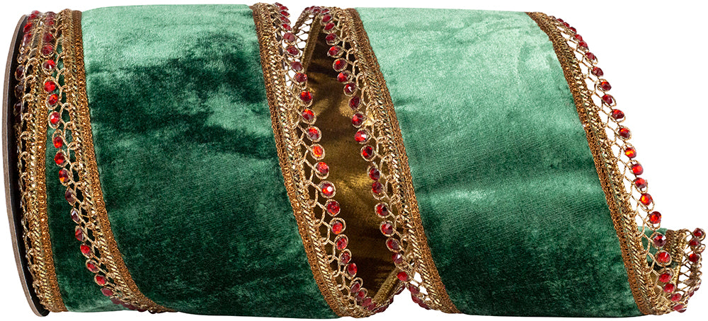 Forest 4 Inch Jeweled Trimming Opulence Plush Velvet Deluxe Gold Backed Wired Edge Ribbon for Wreaths & Bows