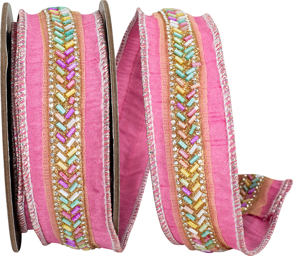 Pink Wired Edge Ribbon 1-1/2 Inch Beaded Dupioni