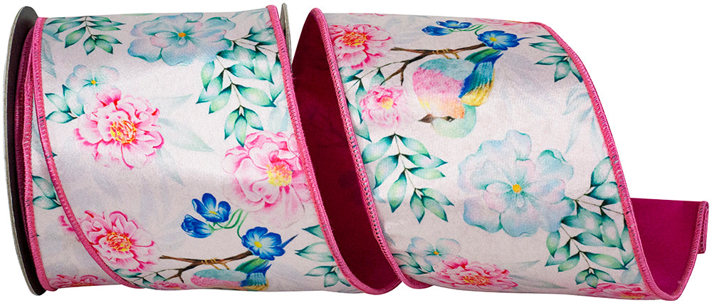 Cyclamen 4 Inch Bird Song Floral Deluxe Dupioni Backed Wired Edge Ribbon for Wreaths & Bows
