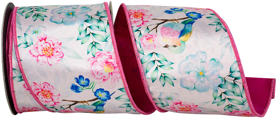 Cyclamen 4 Inch Bird Song Floral Deluxe Dupioni Backed Wired Edge Ribbon for Wreaths & Bows