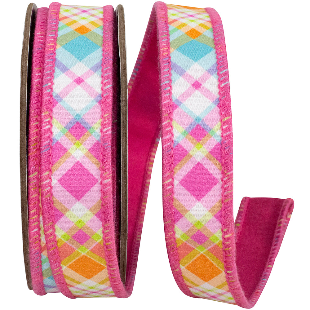 Bright Plaid Diagonal Wired Edge Ribbon Hot Pink 1 Inch