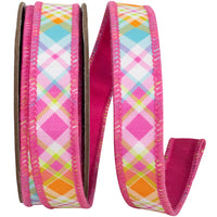 Bright Plaid Diagonal Wired Edge Ribbon Hot Pink 1 Inch