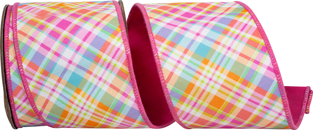 Bright Plaid Diagonal Wired Edge Ribbon Hot Pink 4 Inch