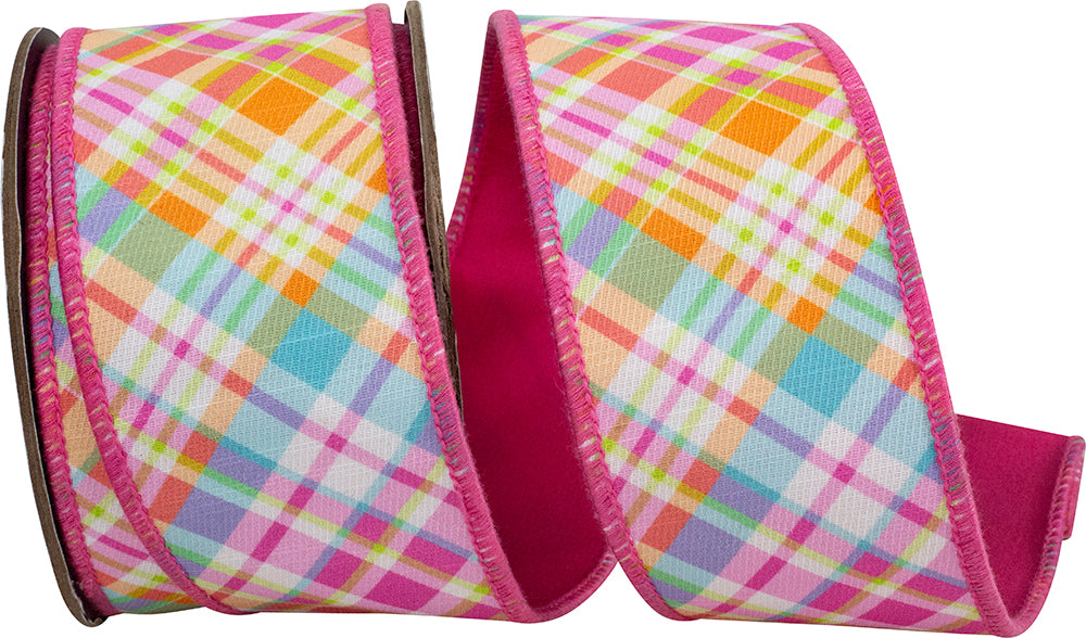 Bright Plaid Diagonal Wired Edge Ribbon Hot Pink 2-1/2 Inch