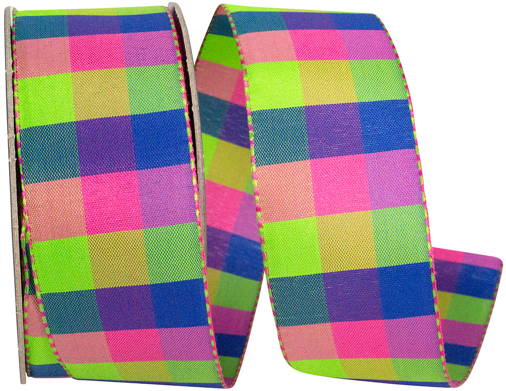 Celine Check Ticking Ribbon Citrus Fuchsia 1-1/2 Inch