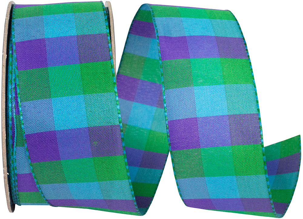 Blue Green 1-1 2 Inch Celine Check Ticking Woven Wired Edge Ribbon for Wreaths & Bows
