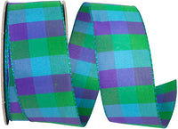 Blue Green 1-1 2 Inch Celine Check Ticking Woven Wired Edge Ribbon for Wreaths & Bows