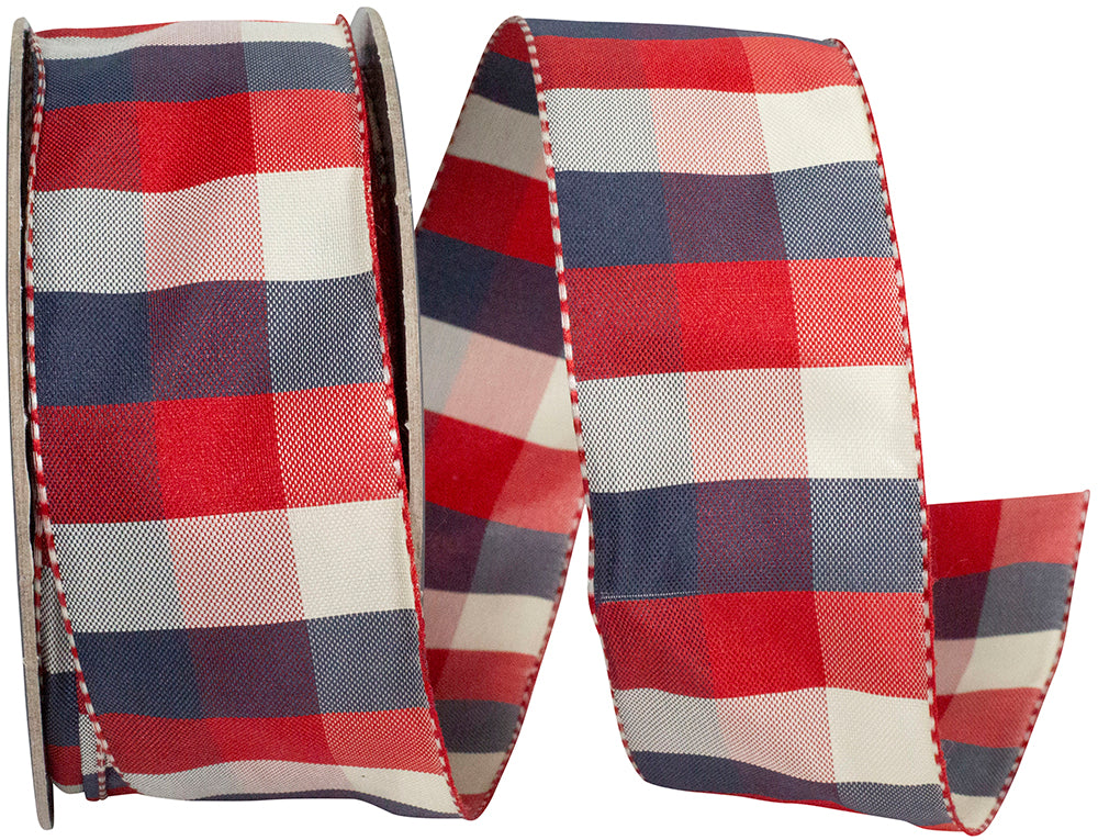 Red White Blue 1-1 2 Inch Celine Check Ticking Woven Wired Edge Ribbon for Wreaths & Bows