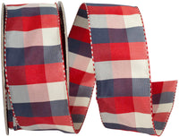 Red White Blue 1-1 2 Inch Celine Check Ticking Woven Wired Edge Ribbon for Wreaths & Bows