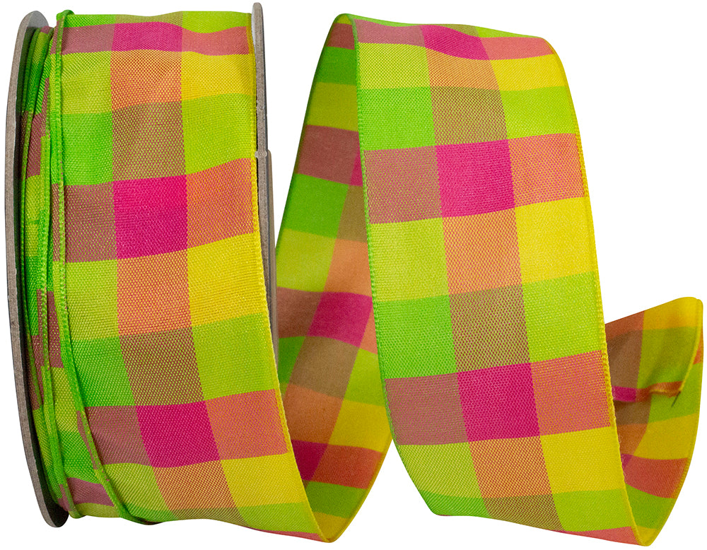 Celine Check Wired Edge Ribbon Citrus Fuchsia 1-1/2 Inch