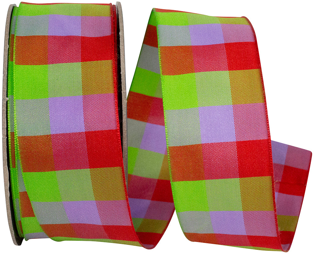Red  1-1 2 Inch Celine Check Woven Wired Edge Ribbon for Wreaths & Bows