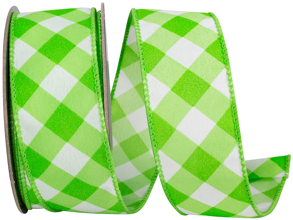 Lime 1-1 2 Inch Diagonal Line Check Printed Wired Edge Ribbon for Wreaths & Bows