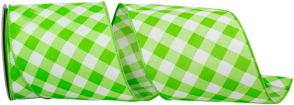 Lime 4 Inch Diagonal Line Check Printed Wired Edge Ribbon for Wreaths & Bows