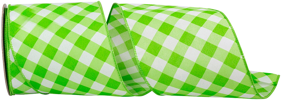 Lime 4 Inch Diagonal Line Check Printed Wired Edge Ribbon for Wreaths & Bows