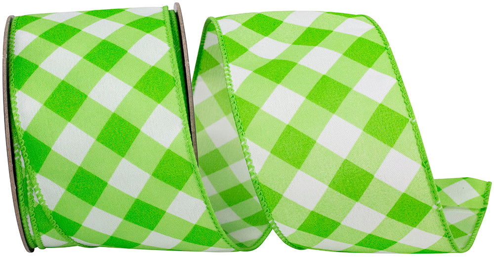 Lime 2-1 2 Inch Diagonal Line Check Printed Wired Edge Ribbon for Wreaths & Bows