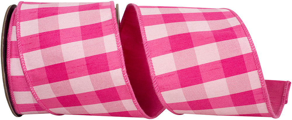 Fuchsia Pink 4 Inch Dupioni Checked Deluxe Backed Wired Edge Ribbon for Wreaths & Bows