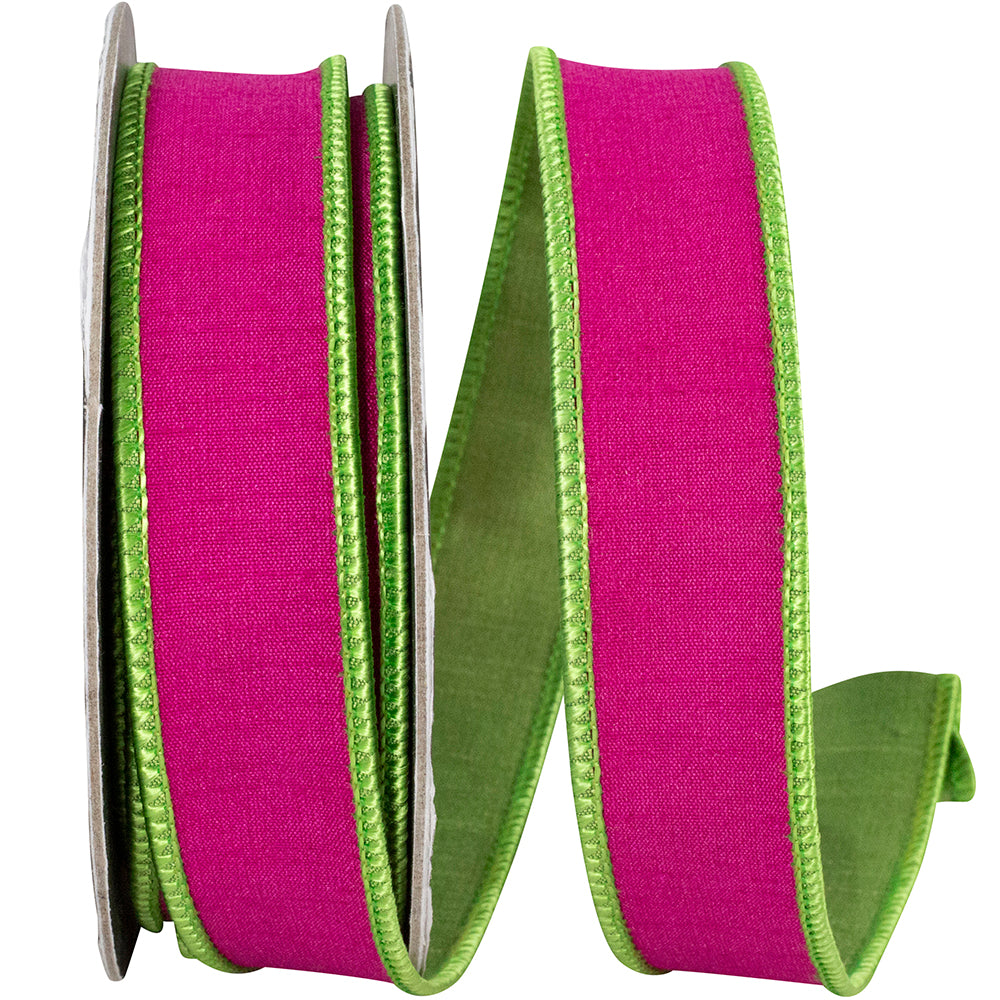 Fuchsia Lime 1 Inch Dupioni Reversal Two Color Deluxe Backed Wired Edge Ribbon for Wreaths & Bows