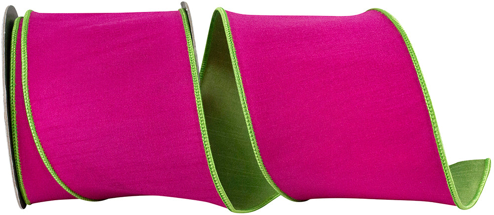 Fuchsia Lime 4 Inch Dupioni Reversal Two Color Deluxe Backed Wired Edge Ribbon for Wreaths & Bows