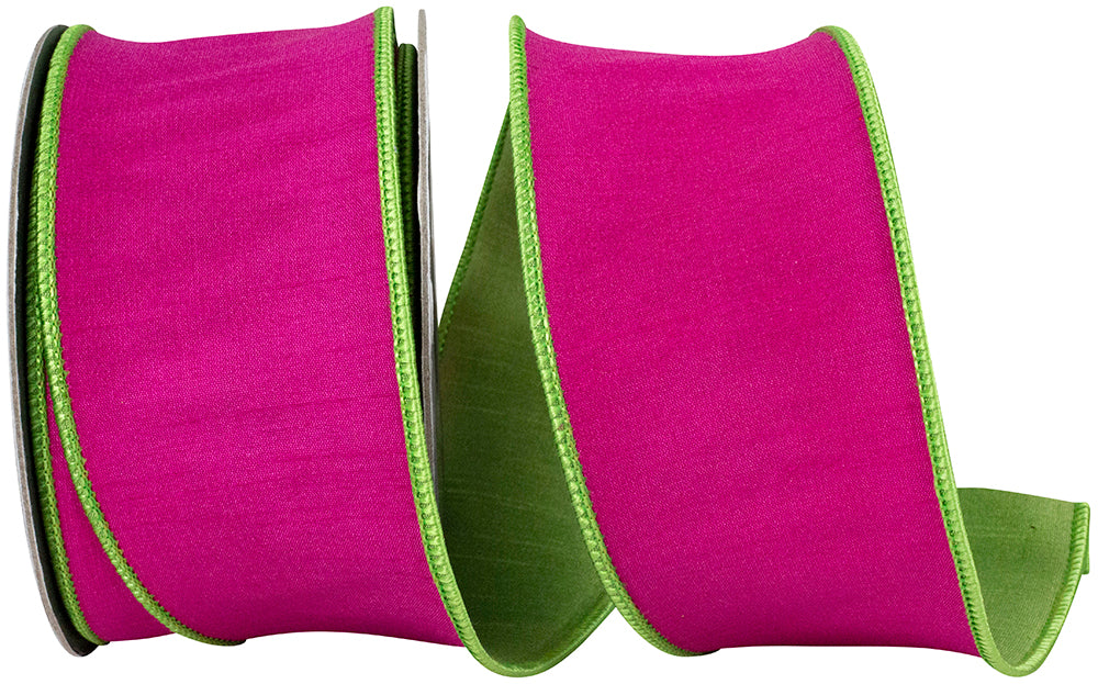 Fuchsia Lime 2-1 2 Inch Dupioni Reversal Two Color Deluxe Backed Wired Edge Ribbon for Wreaths & Bows