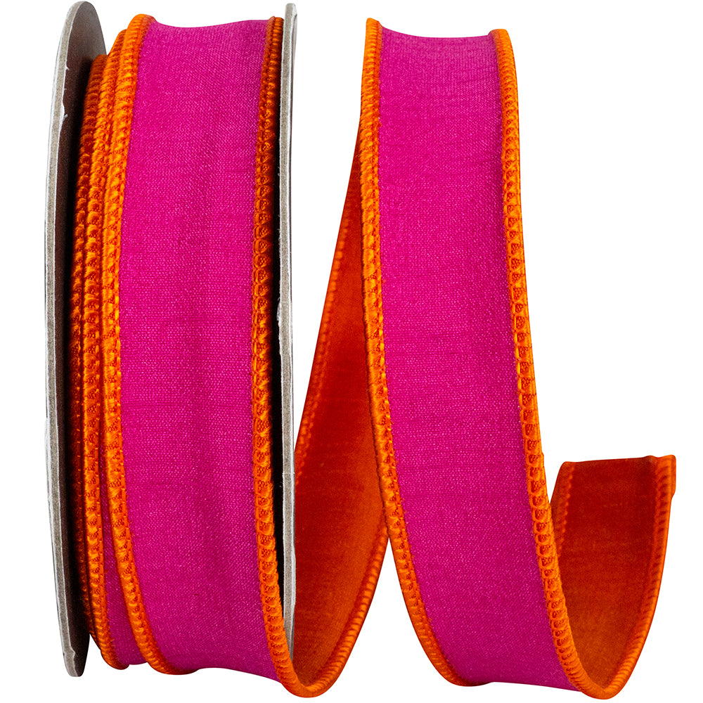 Fuchsia Orange 1 Inch Dupioni Reversal Two Color Deluxe Backed Wired Edge Ribbon for Wreaths & Bows