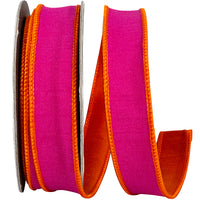 Fuchsia Orange 1 Inch Dupioni Reversal Two Color Deluxe Backed Wired Edge Ribbon for Wreaths & Bows