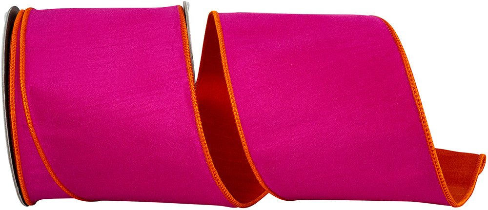 Fuchsia Orange 4 Inch Dupioni Reversal Two Color Deluxe Backed Wired Edge Ribbon for Wreaths & Bows