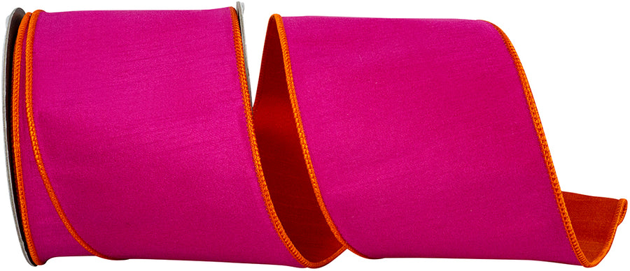 Fuchsia Orange 4 Inch Dupioni Reversal Two Color Deluxe Backed Wired Edge Ribbon for Wreaths & Bows