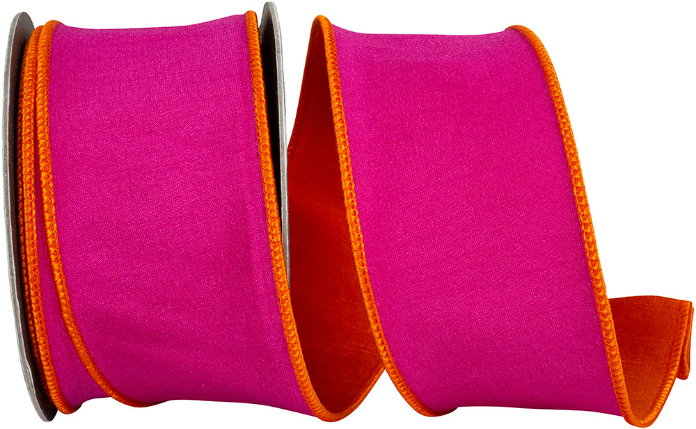 Fuchsia Orange 2-1 2 Inch Dupioni Reversal Two Color Deluxe Backed Wired Edge Ribbon for Wreaths & Bows