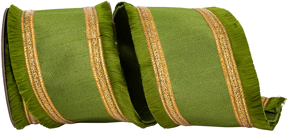 Moss 4 Inch Fringe Gilded Trimming Dupioni Deluxe Fused Backed Wired Edge Ribbon for Wreaths & Bows