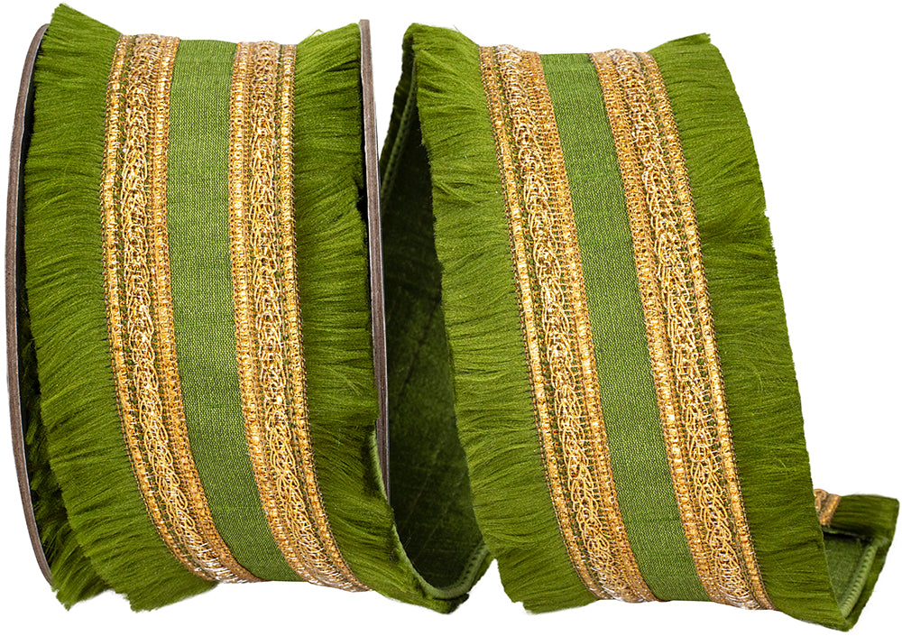 Moss 2-1 2 Inch Fringe Gilded Trimming Dupioni Deluxe Fused Backed Wired Edge Ribbon for Wreaths & Bows