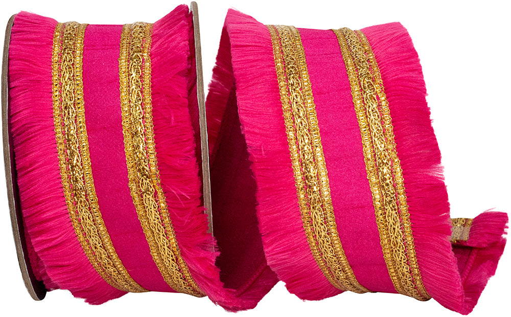Fuchsia 2-1 2 Inch Fringe Gilded Trimming Dupioni Deluxe Fused Backed Wired Edge Ribbon for Wreaths & Bows