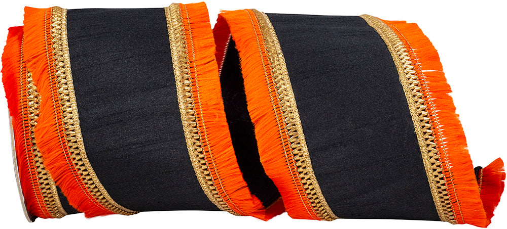 Black Orange 4 Inch Fringe Gilded Trimming Dupioni Deluxe Fused Backed Wired Edge Ribbon for Wreaths & Bows