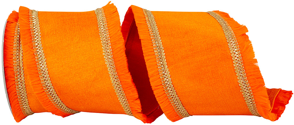Orange 4 Inch Fringe Gilded Trimming Dupioni Deluxe Fused Backed Wired Edge Ribbon for Wreaths & Bows