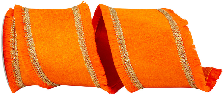 Orange 4 Inch Fringe Gilded Trimming Dupioni Deluxe Fused Backed Wired Edge Ribbon for Wreaths & Bows