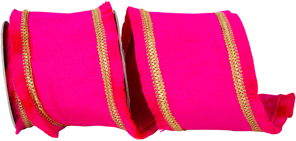 Fuchsia 4 Inch Fringe Gilded Trimming Dupioni Deluxe Fused Backed Wired Edge Ribbon for Wreaths & Bows