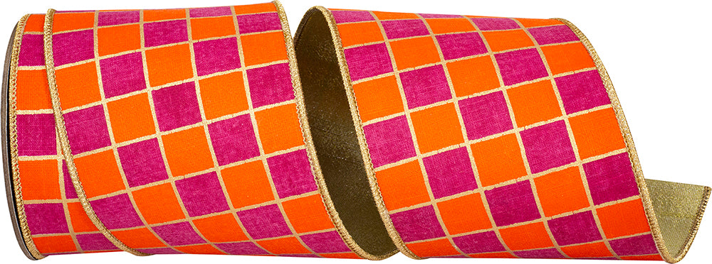 Gilded Check Outlined 4 Inch Orange Fuchsia Wired Edge Ribbon