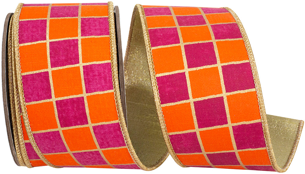 Gilded Check Outlined Wired Edge Ribbon Orange Fuchsia 2-1/2 Inch