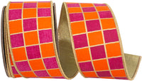 Gilded Check Outlined Wired Edge Ribbon Orange Fuchsia 2-1/2 Inch