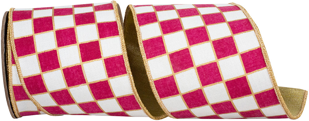 4 Inch Fuchsia White Wired Edge Metallic Ribbon for Bows
