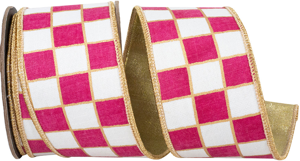 Gilded Check Outlined Fuchsia White Wired Edge Ribbon 2-1/2 Inch