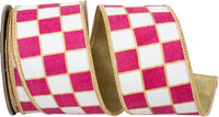 Gilded Check Outlined Fuchsia White Wired Edge Ribbon 2-1/2 Inch