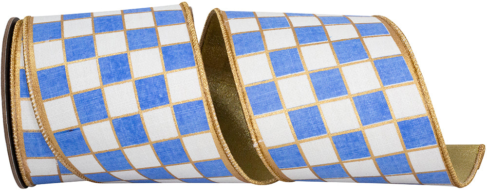 Gilded Check Outlined White French 4 Inch Wired Edge Ribbon