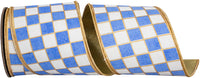 Gilded Check Outlined White French 4 Inch Wired Edge Ribbon